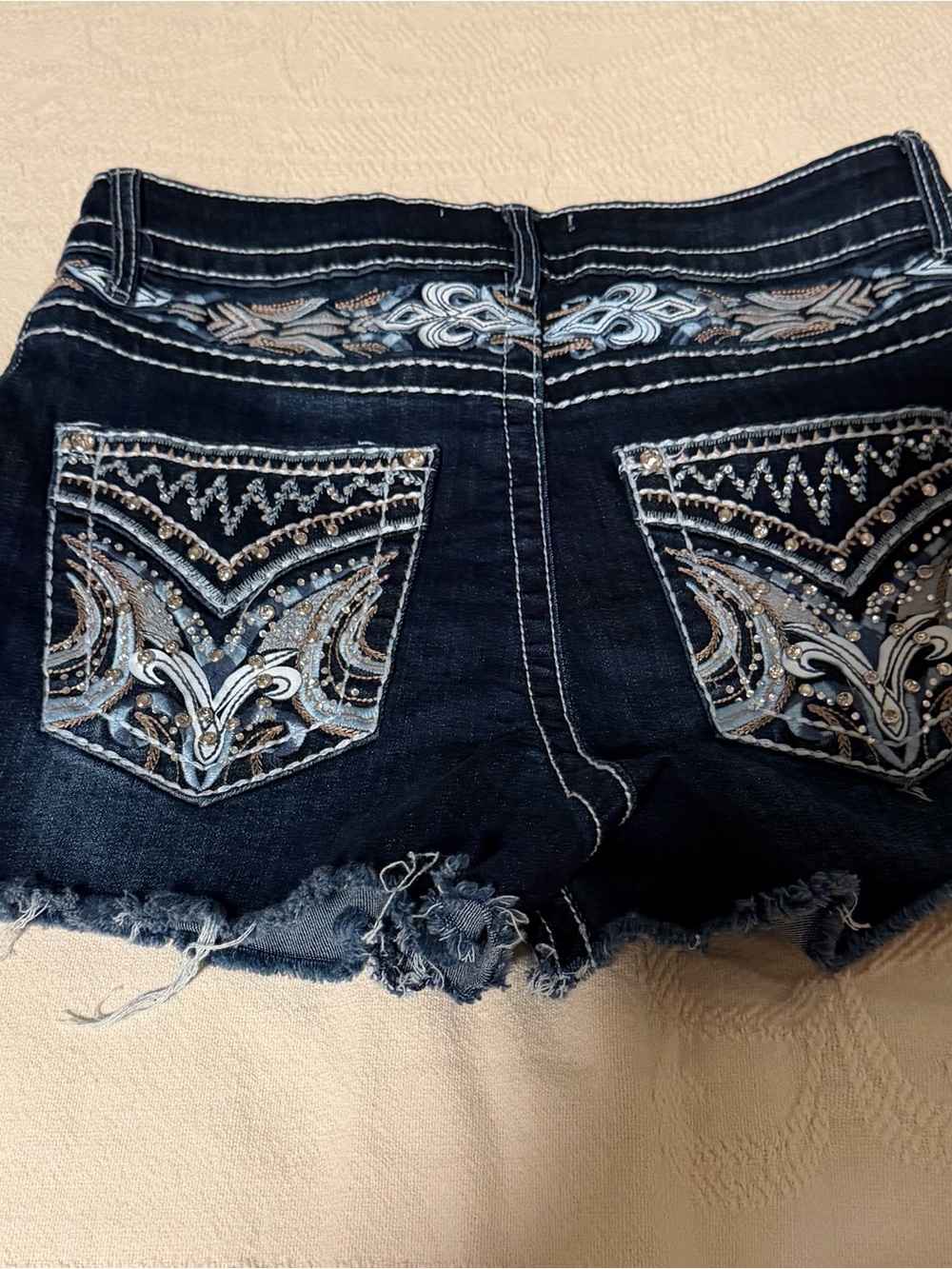 Embellished Dark Blue Denim Jean Shorts